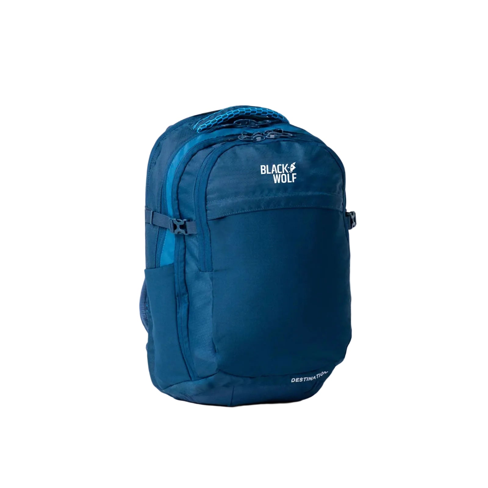 Blue backpack with 'Black Wolf' branding on a white background