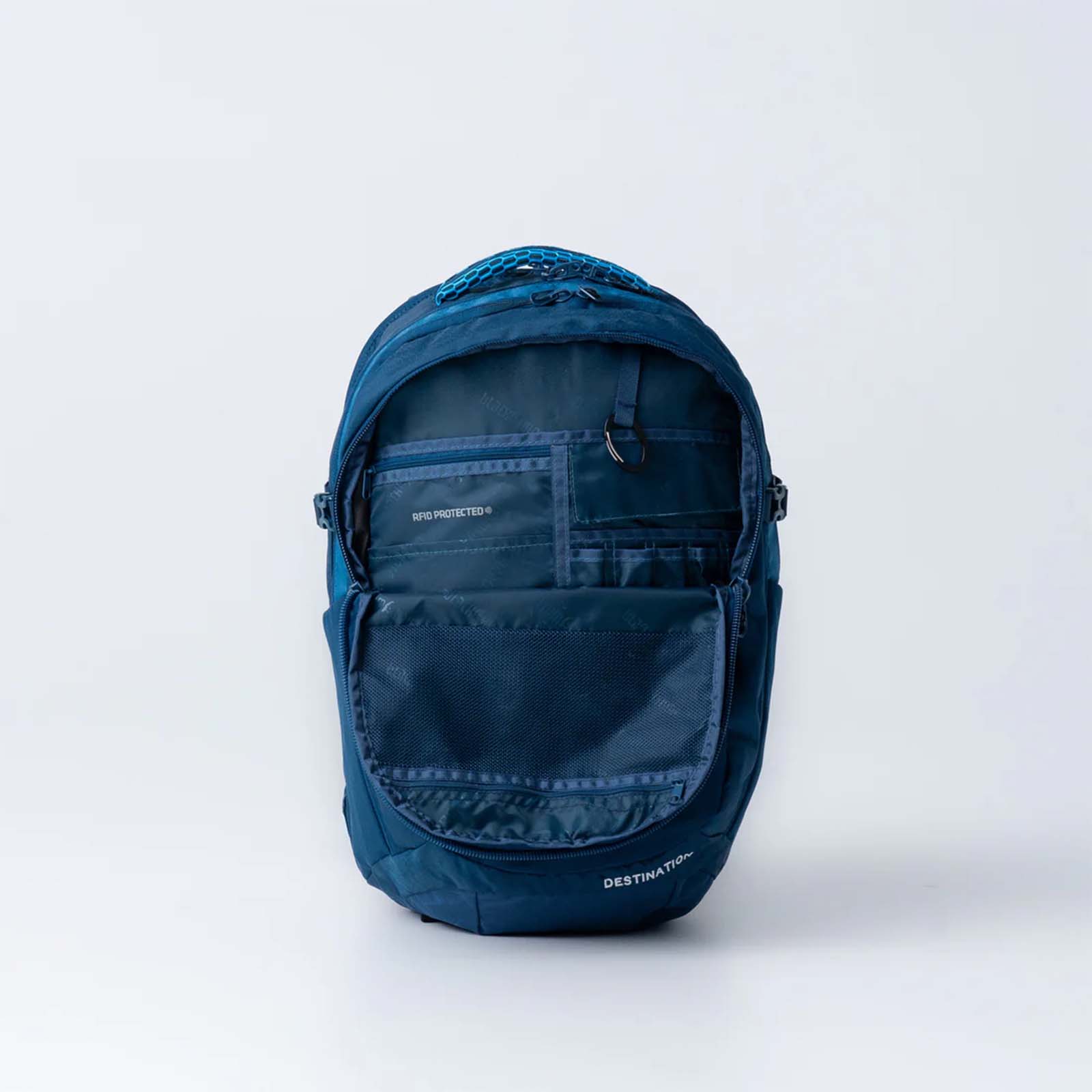 Blue backpack on a light gray background