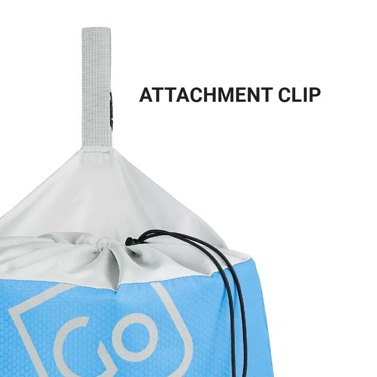 Close-up of a blue and white bag with an attachment clip labeled on a white background