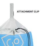 Close-up of a blue and white bag with an attachment clip labeled on a white background