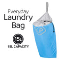 Blue laundry bag with white drawstring on a white background, labeled 'Everyday Laundry Bag' and '15L Capacity'.