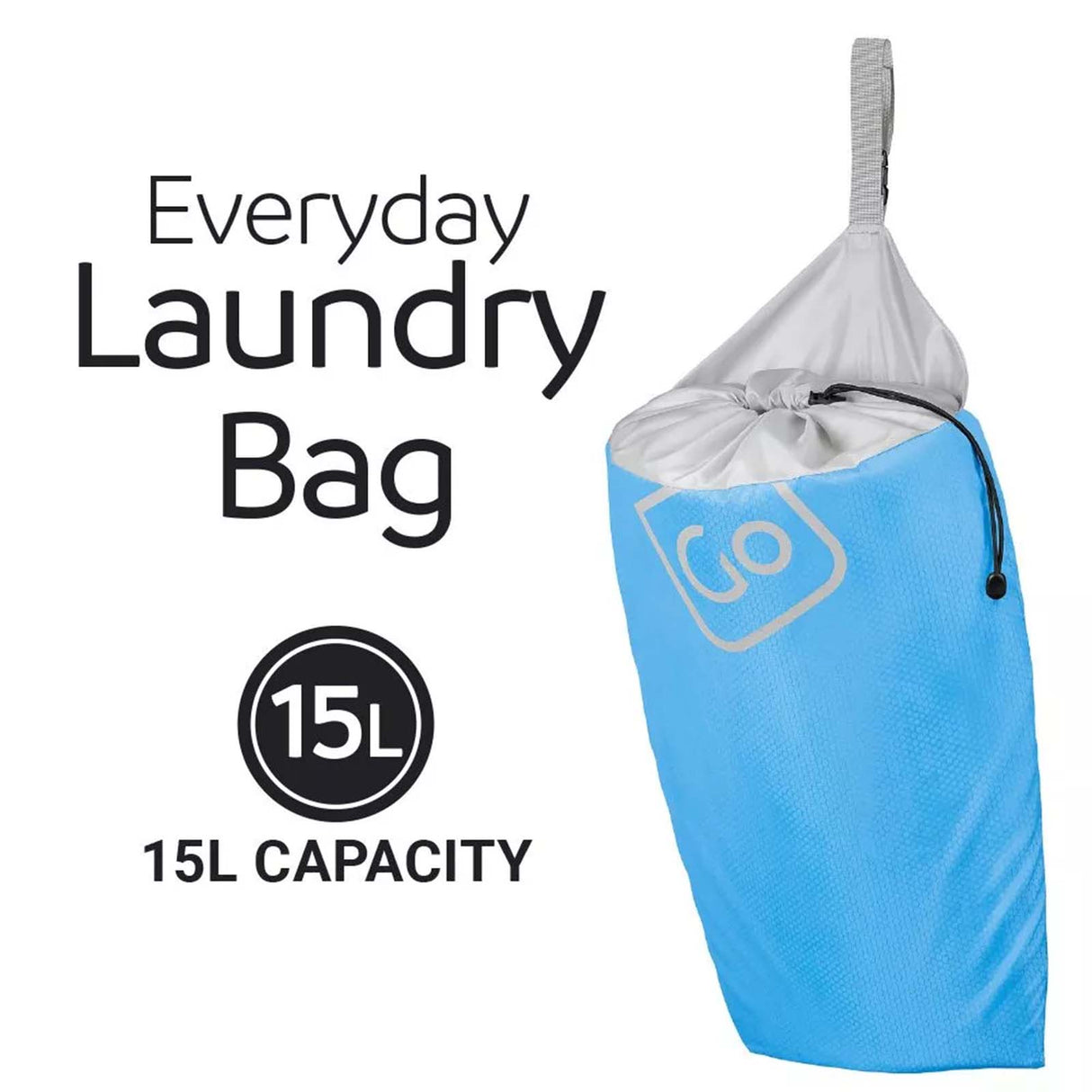 Blue laundry bag with white drawstring on a white background, labeled 'Everyday Laundry Bag' and '15L Capacity'.