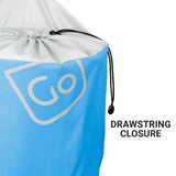 Blue drawstring bag with 'Go' logo on a white background