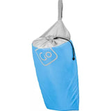 Blue drawstring bag with a gray top on a white background