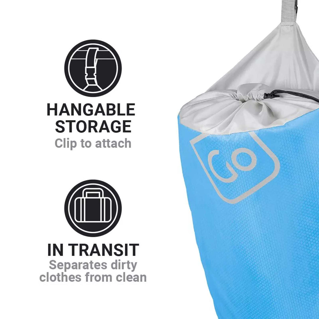 Blue hanging storage bag with text and icons on a white background