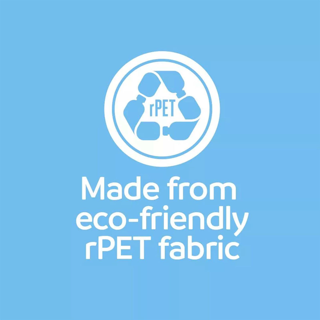 Logo and text indicating eco-friendly rPET fabric on a blue background