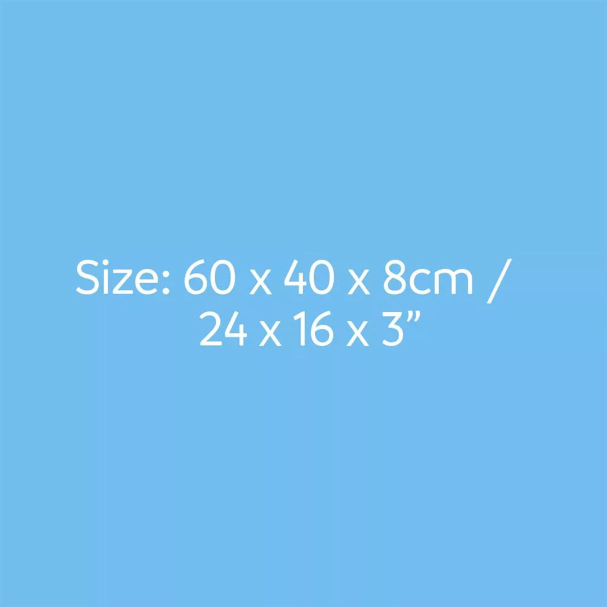 Text displaying size measurements on a blue background