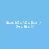 Text displaying size measurements on a blue background