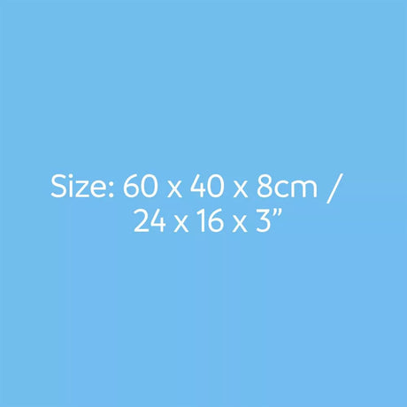 Text displaying size measurements on a blue background