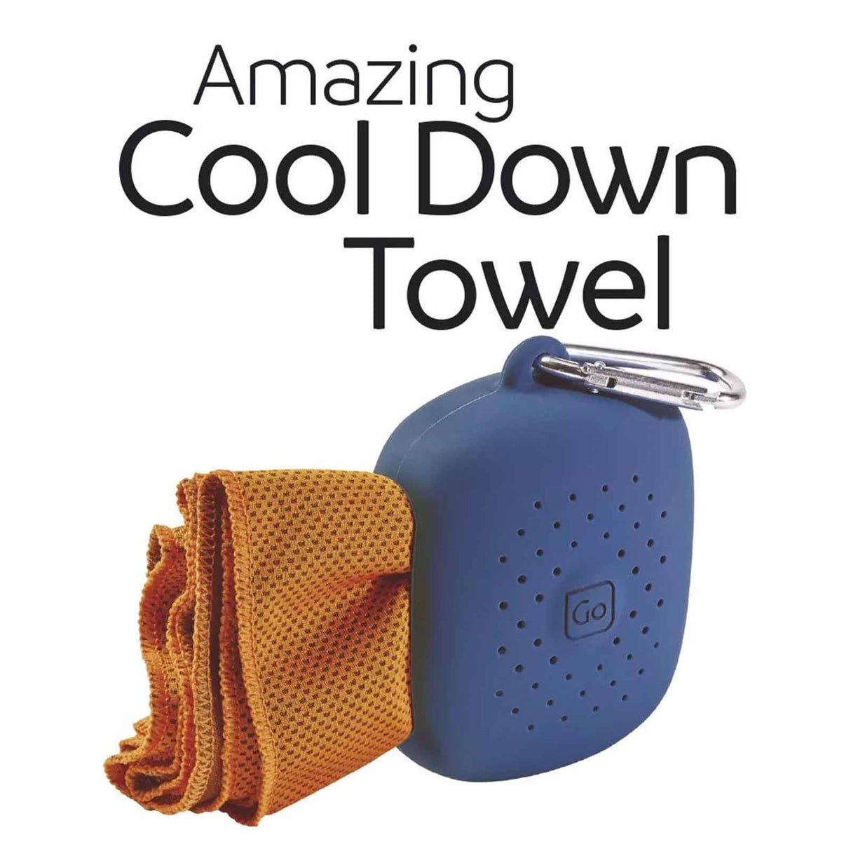 Blue container with a carabiner and orange towel labeled 'Amazing Cool Down Towel' on a white background.