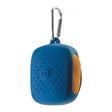 Blue carry case with orange towel and carabiner on a white background