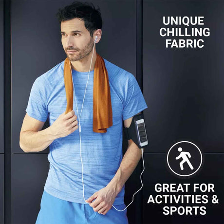 Man in blue athletic wear with towel and device, text about unique chilling fabric.