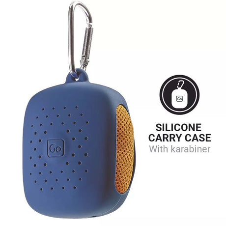 Blue silicone carry case with a carabiner on a white background