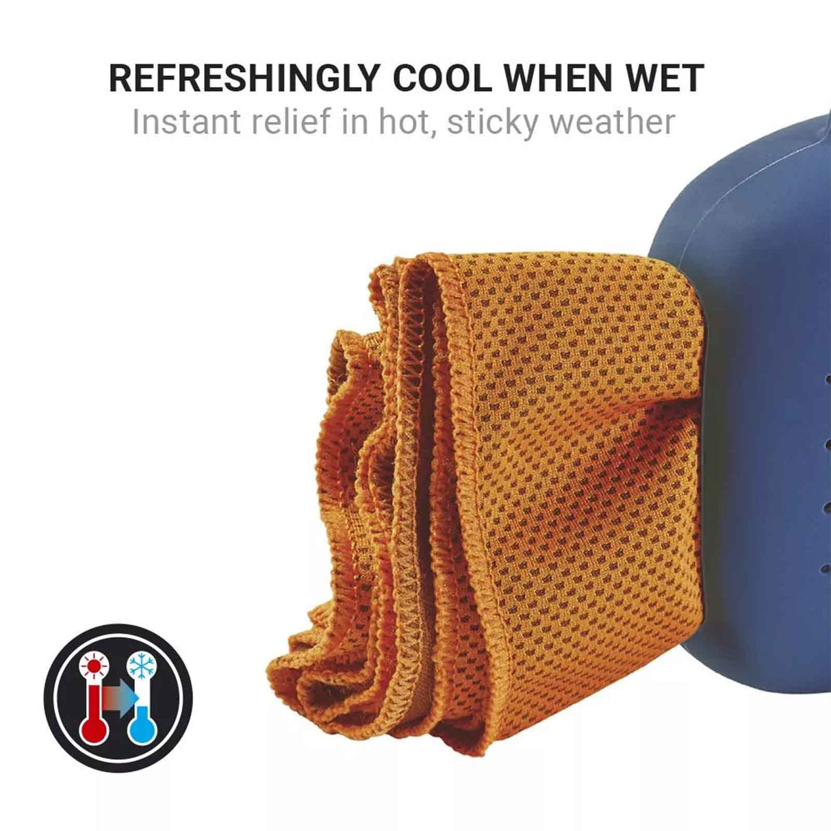 Orange cooling towel with blue container on a white background, featuring text about its cooling properties.