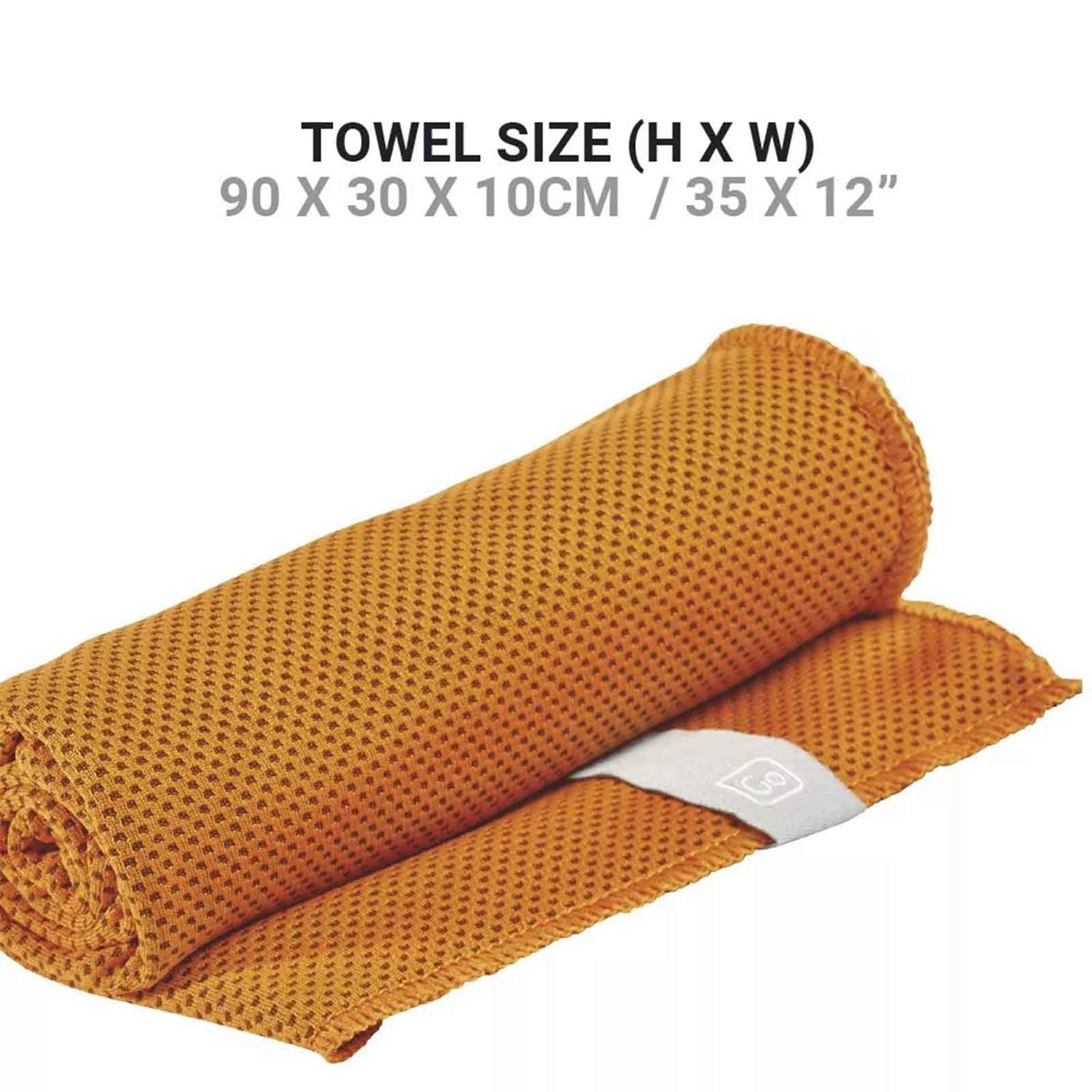 Orange towel rolled up with size information on a white background