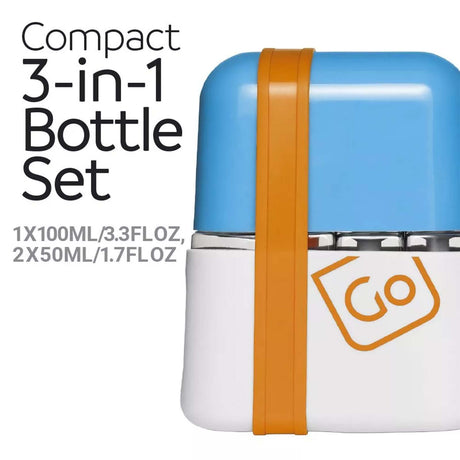 Compact 3-in-1 bottle set with blue and white design, featuring a brown strap and 'GO' logo.