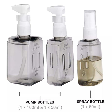 Three bottles with pump and spray mechanisms on a white background