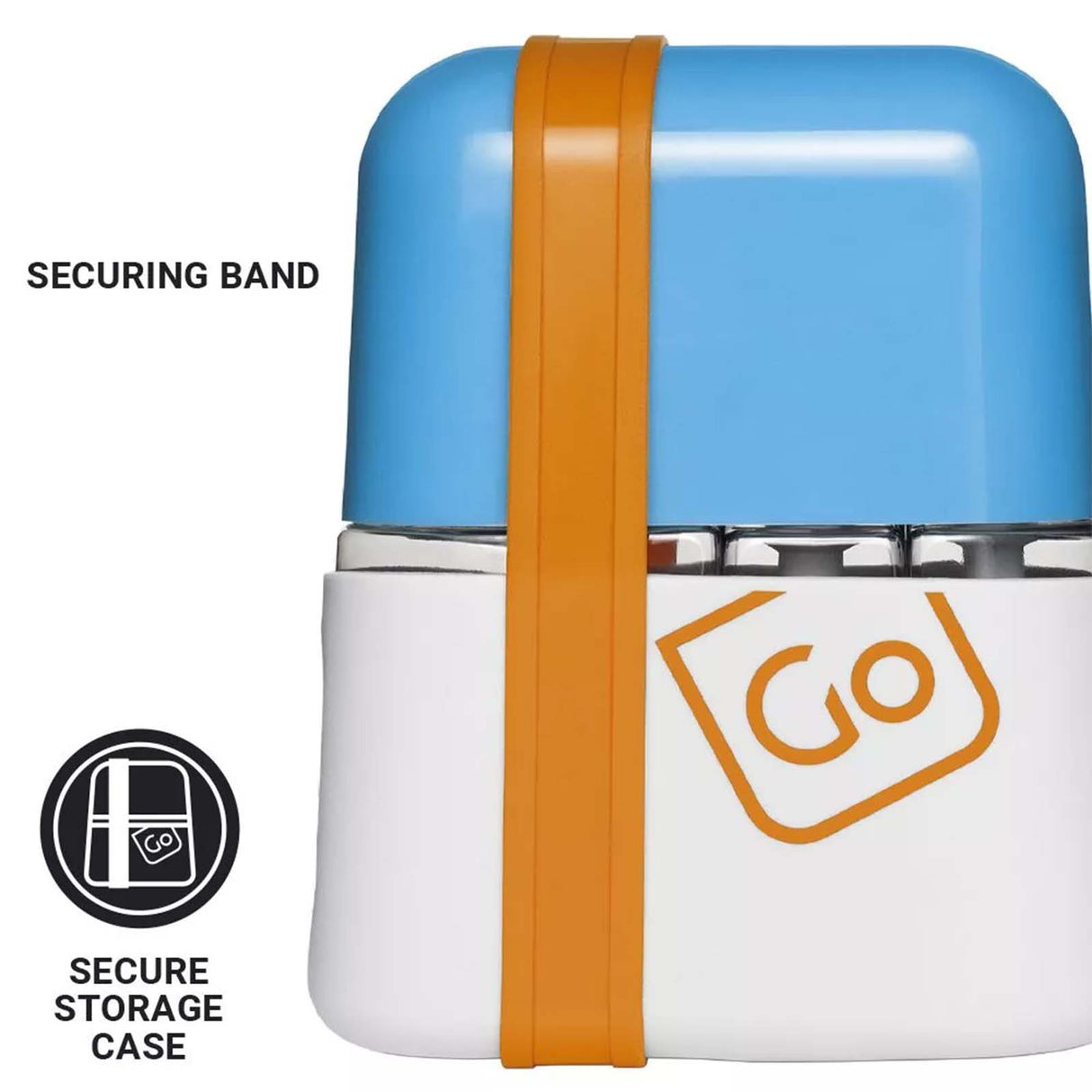Blue and white storage case with an orange securing band on a white background