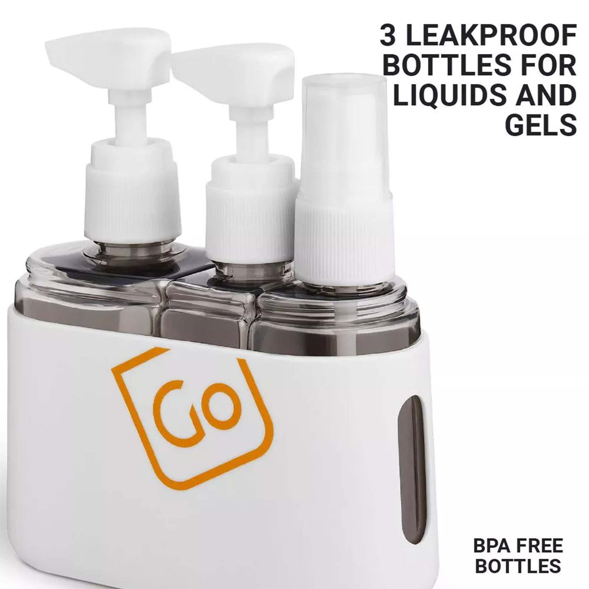 Three leakproof bottles for liquids and gels with a 'GO' logo on a white background.