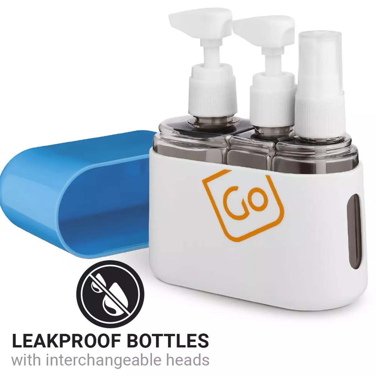 Set of leakproof bottles with interchangeable heads on a white background