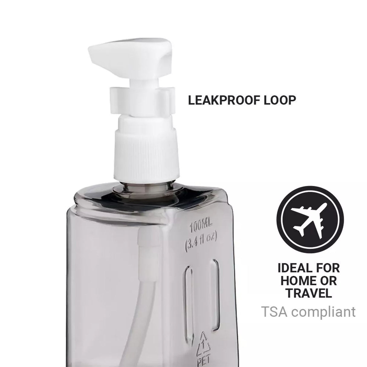 Clear bottle with white pump labeled 'Leakproof Loop' on a white background