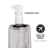 Clear bottle with white pump labeled 'Leakproof Loop' on a white background