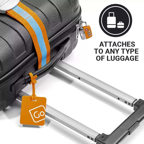 Ornage luggage tag attached to a suitcase with text indicating it can attach to any type of luggage.