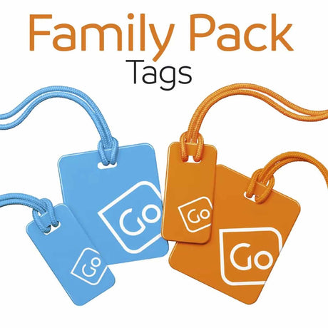 Two blue and two orange luggage tags with 'Go' logo on a white background, labeled 'Family Pack Tags'.
