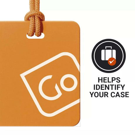 Orange luggage tag with white logo and text on a white background