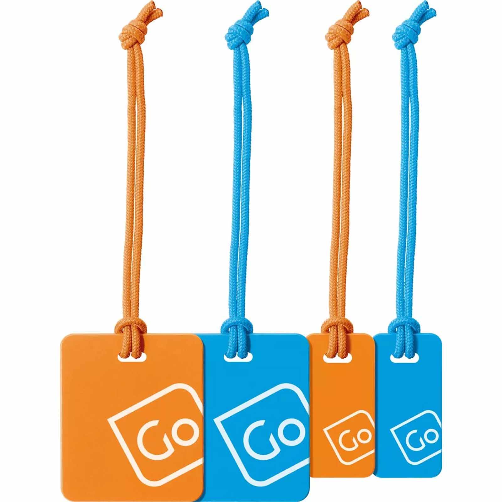 Four orange and blue luggage tags with 'Go' logo on a white background