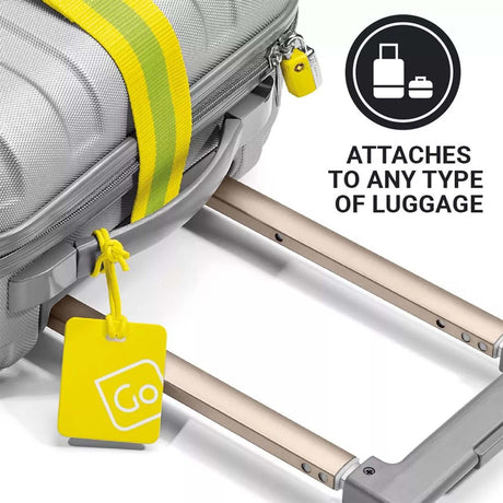 Yellow luggage tag attached to a suitcase with text indicating it can attach to any type of luggage.
