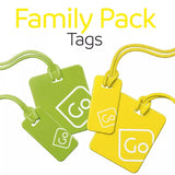 Two green and two yellow luggage tags with 'Go' logo on a white background, labeled 'Family Pack'.