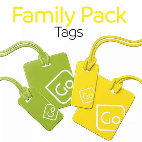 Two green and two yellow luggage tags with 'Go' logo on a white background, labeled 'Family Pack'.