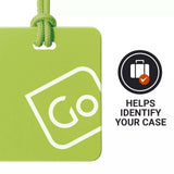 Green tag with white logo and text on a white background