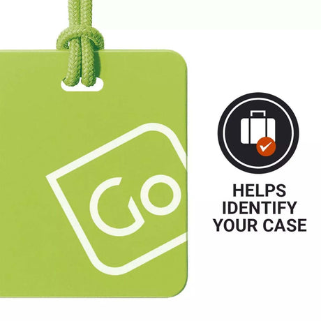 Green tag with white logo and text on a white background