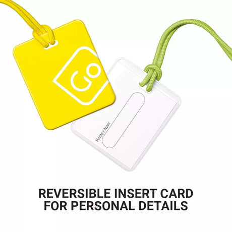 Yellow tag with a white insert card featuring 'GO' logo on a white background