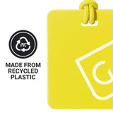 Yellow tag with recycling symbol and 'Made from Recycled Plastic' text on a white background