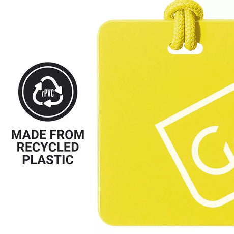 Yellow tag with recycling symbol and 'Made from Recycled Plastic' text on a white background