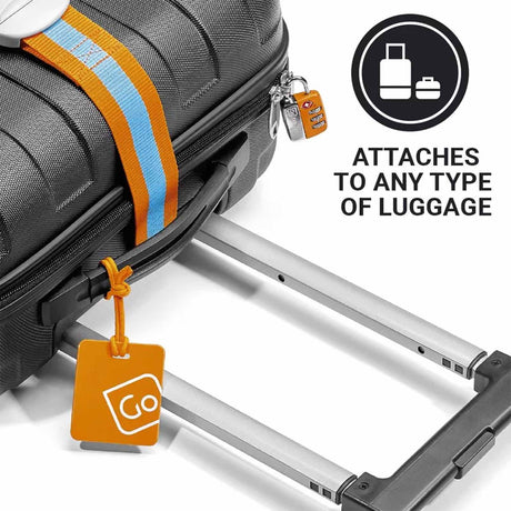 Luggage with a luggage tag attached to a rolling suitcase, emphasizing compatibility.