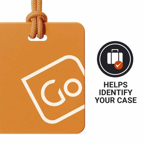 Orange tag with white logo and text 'GO' on a white background
