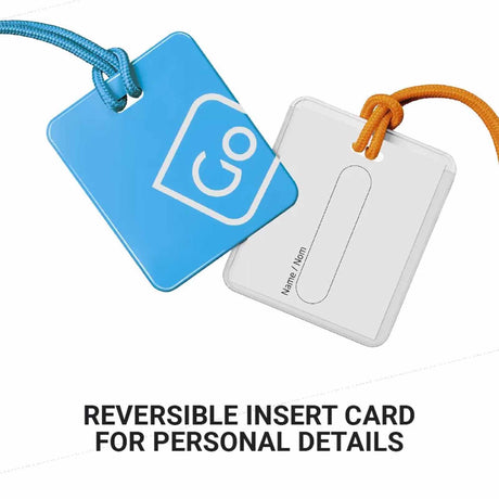Two reversible luggage tags, one blue with a logo and one white for personal details, on a white background.