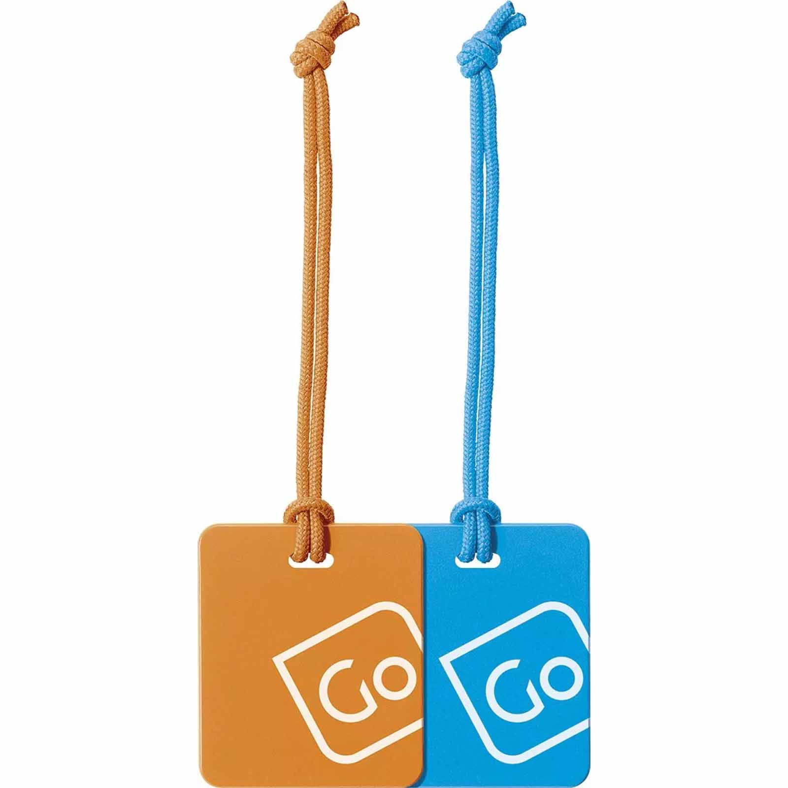 Two luggage tags, one orange and one blue, with 'GO' logo on a white background.