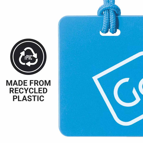 Blue tag with recycling symbol and 'Made from Recycled Plastic' text on a white background