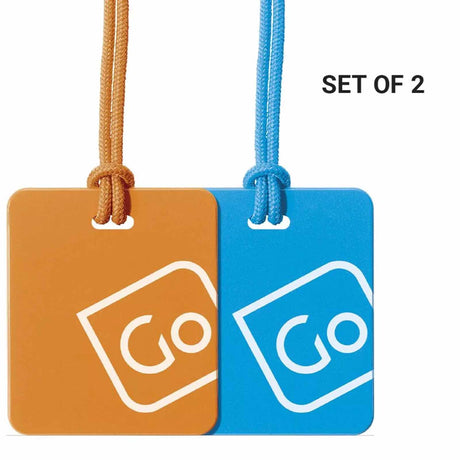 Two luggage tags, one orange and one blue, with 'GO' logo on a white background.