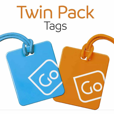 Two luggage tags, one orange and one blue, with 'GO' logo on a white background.