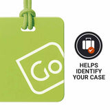 Green luggage tag with 'GO' logo and text 'HELPS IDENTIFY YOUR CASE' on a white background