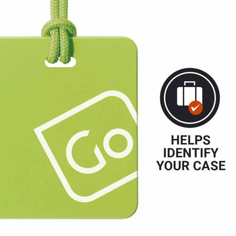 Green luggage tag with 'GO' logo and text 'HELPS IDENTIFY YOUR CASE' on a white background
