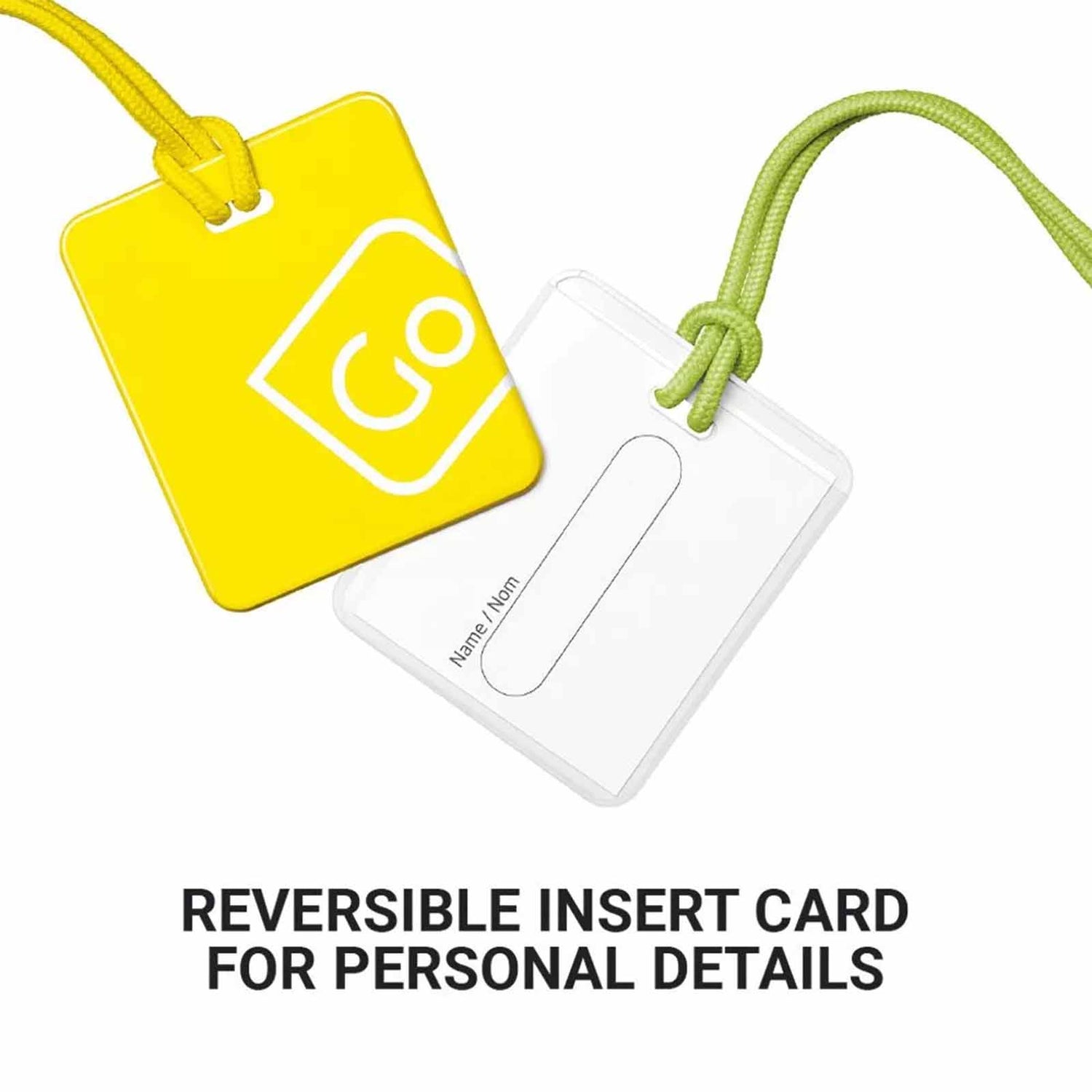 Yellow and white luggage tag with a reversible insert card on a white background