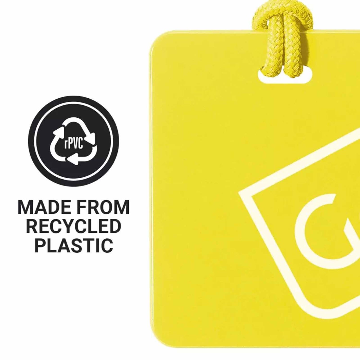 Yellow luggage tag with a recycling symbol and text indicating recycled plastic on a white background