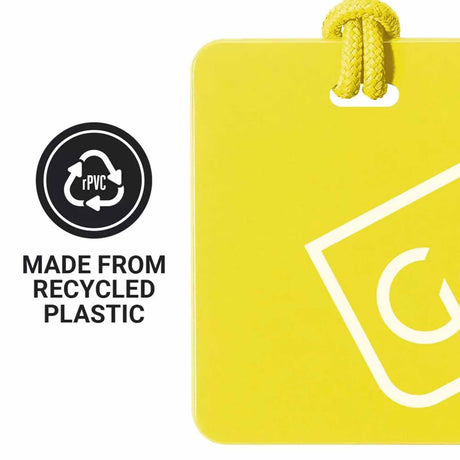 Yellow luggage tag with a recycling symbol and text indicating recycled plastic on a white background